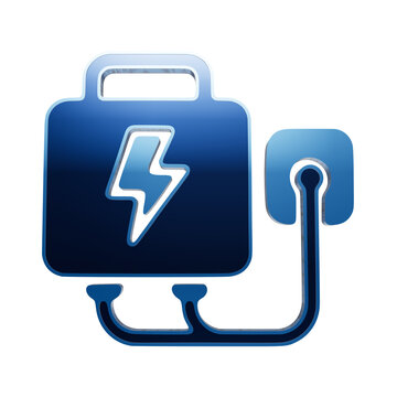 A blue 3D automated external defibrillator icon with a lightning bolt symbol on a transparent background, for medical emergency, and cardiac safety use isolated on a transparent background