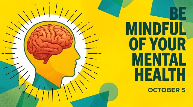 An artistic illustration promoting awareness for mental health featuring a human head silhouette with a glowing brain graphic design