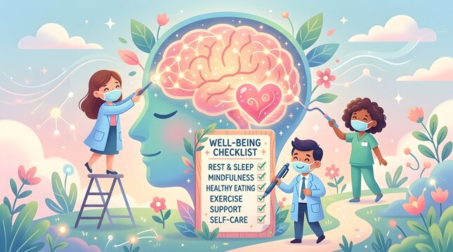 Cartoon illustration of medical professionals working together to improve mental health and cognitive wellness for a patient in nature