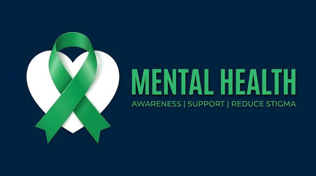 A green ribbon heart symbol representing awareness and support for mental health and psychological wellness in our society today