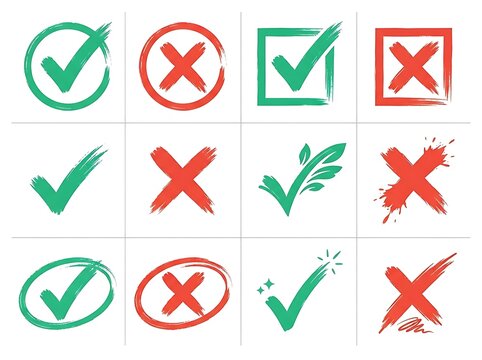 Brush Stroke Check Mark and Cross Icon Set with Green Tick and Red X Symbols