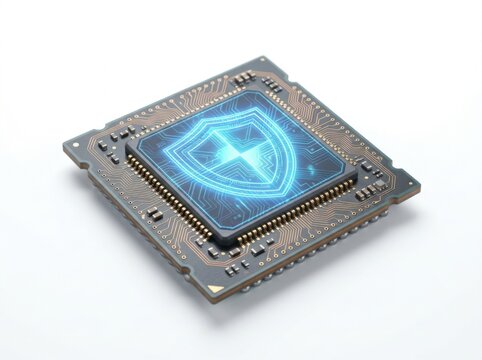 Advanced Cybersecurity Chip with Glowing Shield