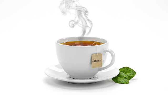 Hot cup of tea with tea bag and fresh mint leaves isolated on white background