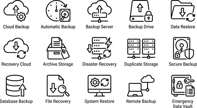 Set of data backup and disaster recovery line icons for cloud storage and server management systems