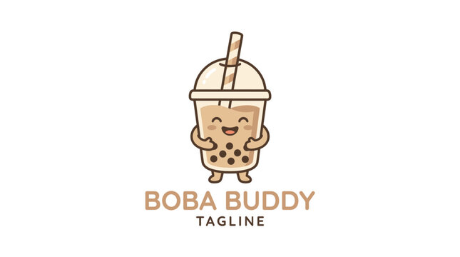 Cute boba tea character mascot logo for cafe branding