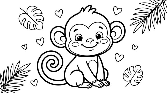 Adorable baby monkey surrounded by tropical leaves and hearts in a cute hand drawn style