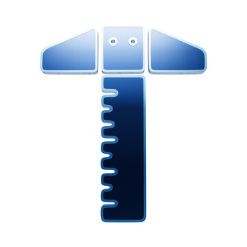 Glossy blue metallic t-square ruler icon for drafting and technical isolated on a plain background, for engineering and, architecture concepts isolated on a transparent background
