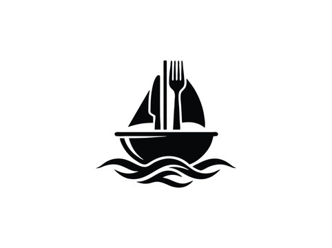 Minimalist seafood restaurant logo, sailboat with fork and knife mast, black nautical food icon on white background