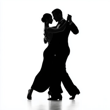 Black Silhouettes Couple Dancing Tango Ballroom Isolated on White Background
