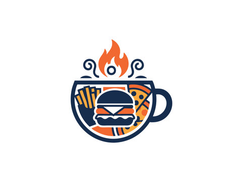 Fast food logo vector, burger and pizza in coffee cup icon, spicy restaurant branding with flame, orange and navy blue cafe sign
