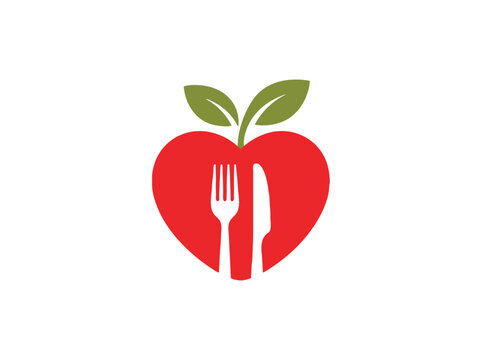 Healthy heart apple logo vector, red fruit icon with fork and knife, organic food and nutrition symbol for restaurant branding