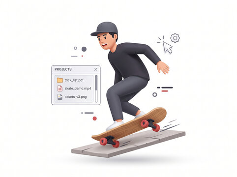 3D character skateboarding while interacting with digital workspace