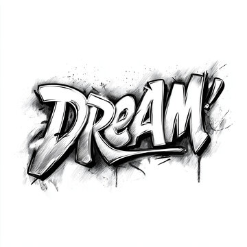 Graffiti Text Dream Black White Urban Wall Art Isolated on White Background