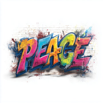 Graffiti Text Peace Blue Purple Spray Paint Art Isolated on White Background
