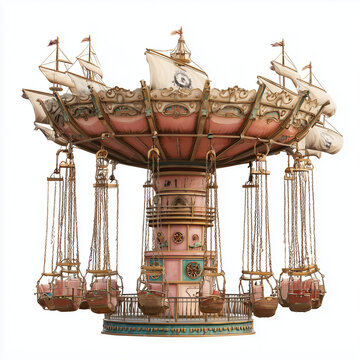 Chain Carousel Swing Attraction Ride Amusement Park Isolated on White Background