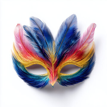 Feather Masquerade Carnival Mask Colorful Plumes Isolated on White Background