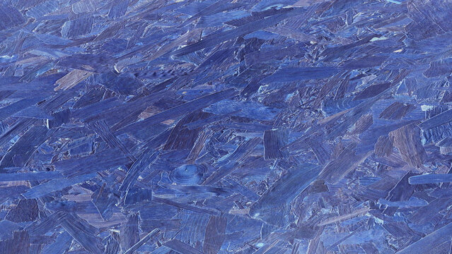 Blue oriented strand board texture background with compressed wooden flakes