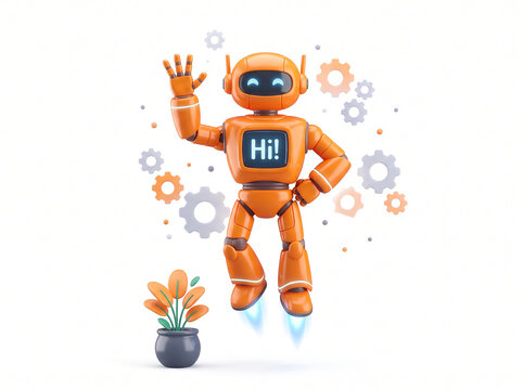 Friendly orange robot character waving hello with floating mechanical gears