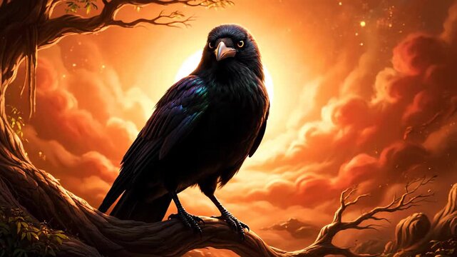 Black-feathered crows chirping on the branches, dusk crows perched on the branches