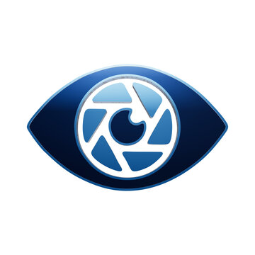 Human eye icon with a camera lens shutter pupil in blue metallic style isolated on a white background, for and vision concepts isolated on a transparent background