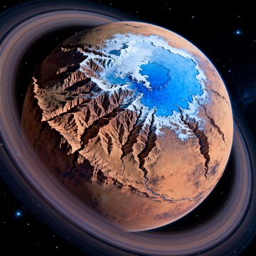 Ringed Alien Planet With Mountain Ranges And Polar Water Reservoir