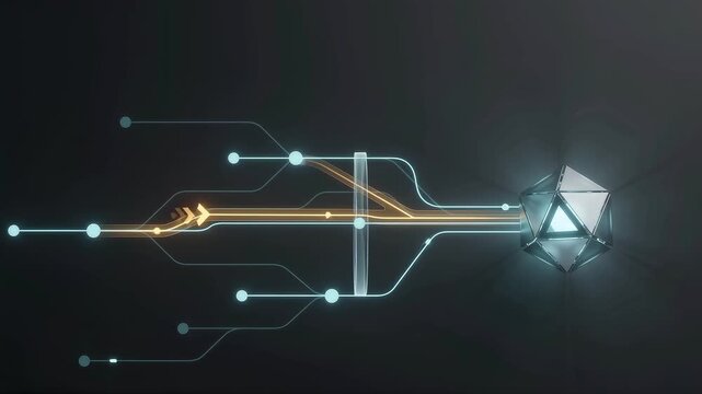 AI security system predicts a suspicious attack route and blocks it before it reaches a protected core, visualizing predictive cyber defense.