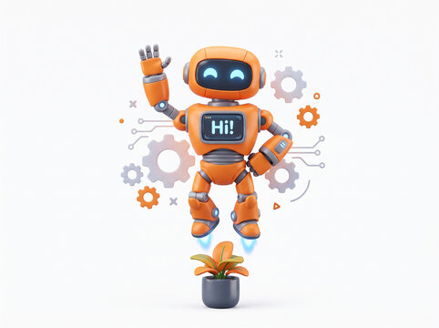 Smiling orange robot character waving hello floating above potted plant