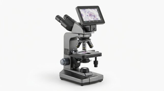 Modern digital laboratory microscope with a builtin screen displaying a biological sample isolated on white background