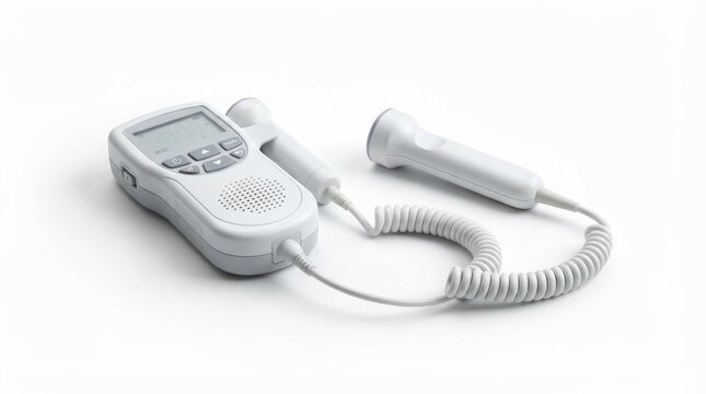 Electronic fetal doppler machine with ultrasound probe and digital display isolated on white background