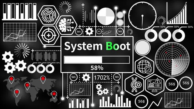 system boot set with futuristic HUD interface elements and abstract infographic charts on dark background 4k video