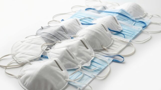 Assorted medical face masks including n95 respirators and surgical masks stacked and arranged isolated on white background