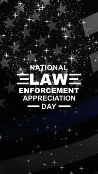 National law enforcement appreciation day text animation with waving flag and fireworks. Suitable for social media posts, presentations, and videos.