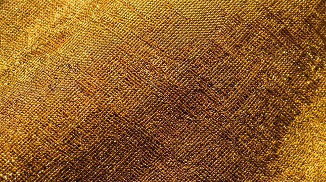 Gold woven fabric texture featuring a crosshatch pattern, a blend of deep amber and antique gold hues, and a luxurious metallic textile background concept.
