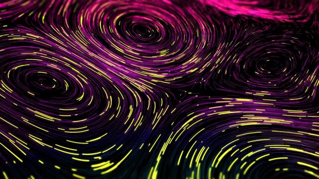 Abstract Luminous Streamline Vortex Background.An abstract visualization featuring bright flowing lines and particle trails forming multiple vortices and curved stream patterns on a dark background.