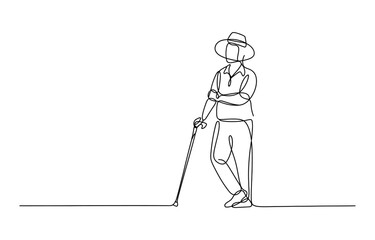 Fototapeta premium Continuous single line drawing of an old man standing with a walking cane wearing a hat
