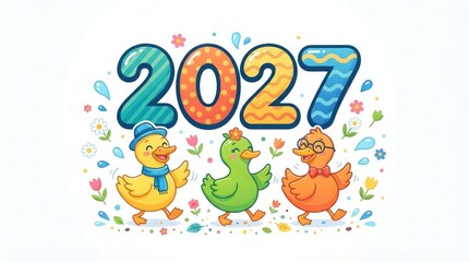 Fototapeta premium Celebrating the dawn of 2027 with joyful ducks colorful balloons and a festive atmosphere wishing everyone a year filled with happiness and success