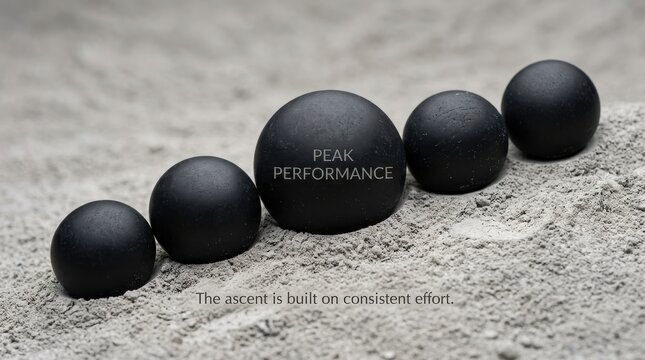 Black balls on textured ground with peak performance text