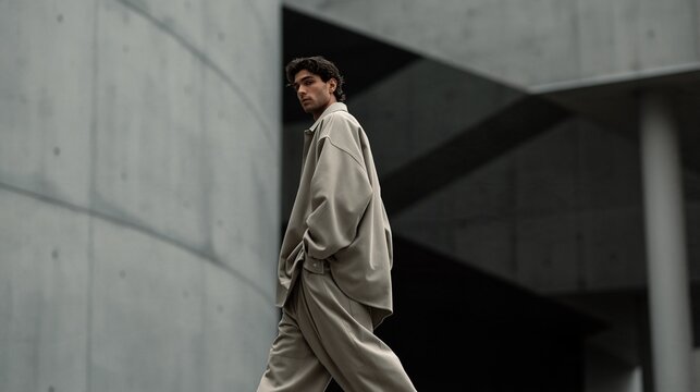 Young man wearing oversized beige streetwear walking past modern concrete architecture.