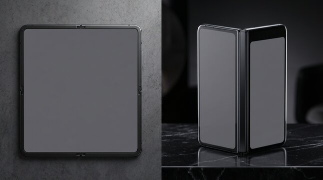 Foldable Smartphone Blank Screen Mockup Flat and Angled Views on Dark Background