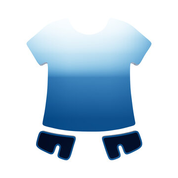 A 3D icon of a two-piece outfit consisting of at-shirt and shorts, rendered in a glossy blue gradient style, isolated on a dark background for isolated on a transparent background