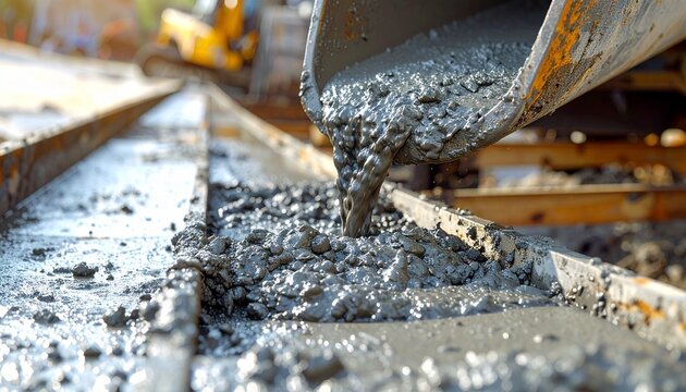 Wet grey concrete pouring from a heavy duty industrial chute into a construction formwork frame