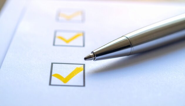 Silver ballpoint pen resting on a white paper checklist with yellow checkmarks in boxes