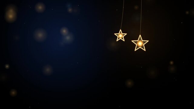 Hanging golden stars with glowing bokeh particles, festive holiday background, for christmas and, new year celebrations