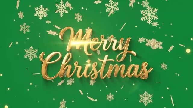 Gold Merry Christmas Lettering with Snowflakes on Green Background 3D Render