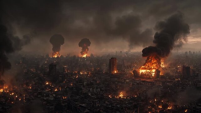 Aerial View Of A Devastated City Engulfed In Flames And Smoke Against A Dark Sky