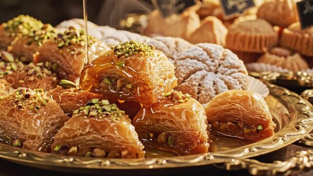 Pouring sweet honey syrup over fresh baklava pastries with pistachios on a golden platter.