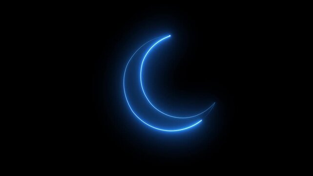 Glowing neon line crescent moon symbol isolated on black background animation.