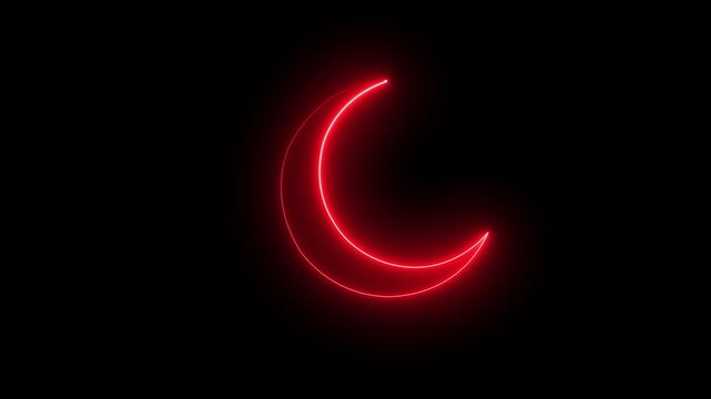 Glowing neon line crescent moon symbol isolated on black background animation.
