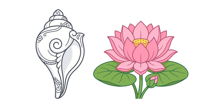 Traditional indian illustration featuring a conch shell and a vibrant pink lotus flower on a white background