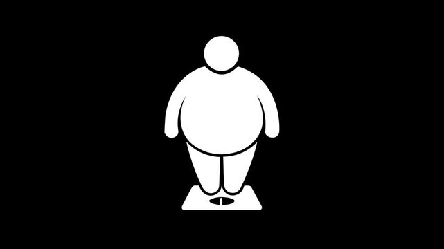 Overweight person standing on weight scale icon animation isolated on white background.